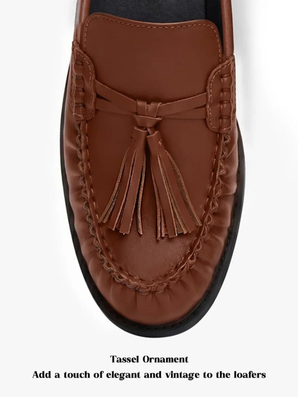 Women's Brown Faux Leather Comfortable Tassel Slip On Flats Closed Toe Shoes